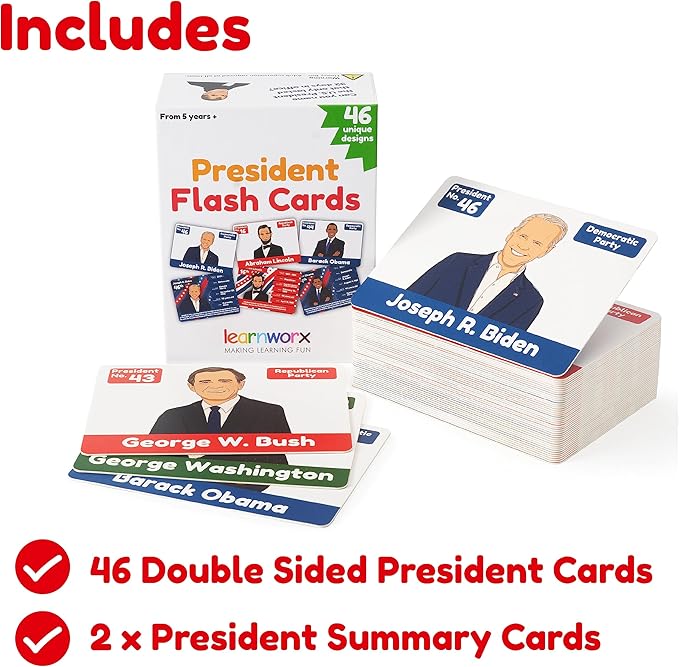 US Presidents for Kids Flash Cards –46 President Cards –Learn Presidents of The USA –Includes US Presidents Party & Vice President Facts -Gift - Ages 5,6,7,8,9,10