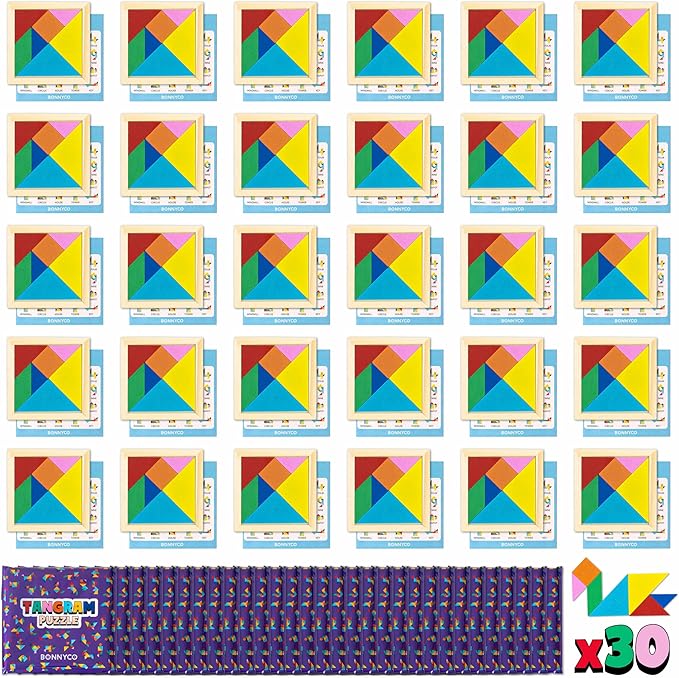 Tangram Puzzle Wooden Pack 30 Kids Party Favors - BONNYCO | Goodie Bags Stuffers for Kids 3-5 4-8, Return Gifts for Birthday Party Goody Bag Stuffers | Pinata Filler Toys Bulk Classroom Prizes Rewards