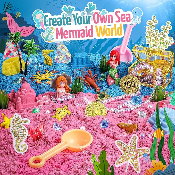 Mermaid Sensory Bin,Play Sand Art Kit for Girls and Boys with 2.2lbs Sensory Play Colored Sand,Treasure Accessories and Sandbox,Beach Toy Christmas Birthday Present for Kids Ages 3 4 5 6 7 8
