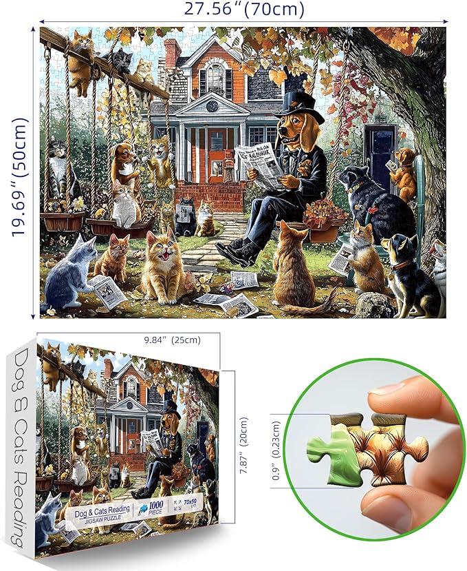 Cats and Dogs 1000 Piece Puzzle for Adults Unique Fall Scene with Victorian House Jigsaw Puzzles for Adults 1000 Pieces Family Challenging Puzzle (27.5"x19.6")