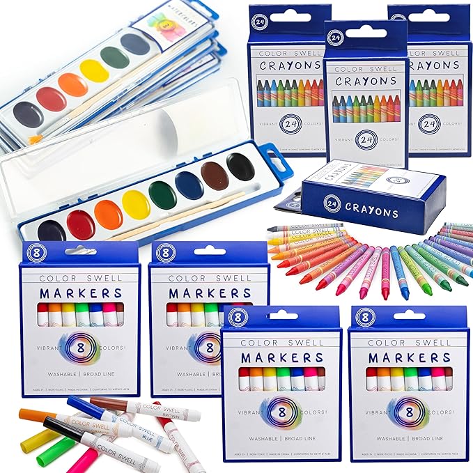 Color Swell Art Supplies Pack - 4 Packs Each of Watercolors, Crayons, and Markers