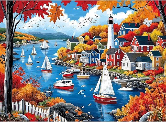 Puzzles for Adults 500 Pieces Autumn Town Jigsaw Puzzles for Adults Beautiful Fall Seaside Landscape Puzzles 500 Pieces Challenging Family Puzzle for Women Men Seniors Size is (21"x15")