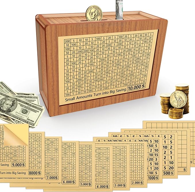Piggy Bank for Adults Kids, Wooden Coin Bank for Boys and Girls, Cash Vault Money Saving Box with Counter $10000 $5000 Savings Challenge Money Box with Money Target and Numbers (Brown Box+ 13 Sheets)