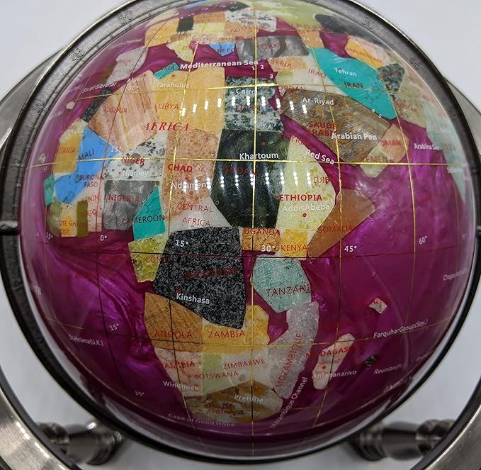 Limited Edition! Unique Art Since 1996 Pink Pearl Swirl Table Top Gemstone World Globe with Silver Zinc Alloy Stand (220MM/9 INCHES 4 LEG/PINK PEARL)