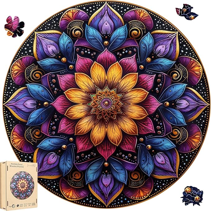 Jiroinlly Mandela Wooden Jigsaw Puzzles - Flower Puzzles for Adults 500 Pcs, 16.7'' x 16.7''Unique Shaped Wood Puzzle, Beautiful Package for Halloween, Best Gift for Adults and Kids, Family Game