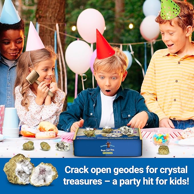 DANCING BEAR 25 Break Your Own Geodes, 90% Hollow, (Large 1.75-2.5") Crack Open & Discover Amazing Surprise Crystals Inside! Educational Info and Instructions Included, Fun Party Favors & Prizes