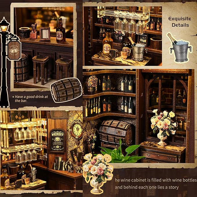 ISSEVE Book Nook Kit - DIY Miniature House Kit for Adults, Teens and Beginners, Corner Tavern Dollhouse Booknook Tiny House Bookshelf Decor 3D Wooden Puzzle, Gifts for Friends Family (Corner Tavern)