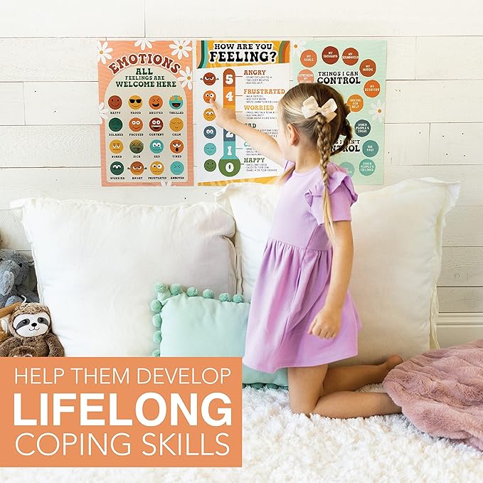 Hadley Designs Feelings Chart For Kids Ages 4-8 - Emotions Chart For Toddlers 3-5, Counseling Feelings Posters For Classroom Calming Corner, Social Emotional Learning Posters, Retro Classroom Decor