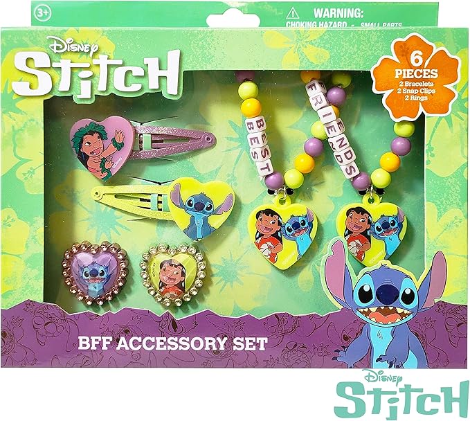 LUV HER Disney Stitch Girls BFF 6 Piece Toy Jewelry Box Set with 2 Rings, 2 Bead Bracelets and Snap Hair Clips Ages 3+