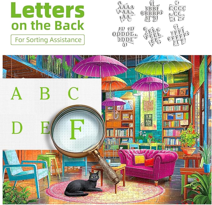1000 Piece Jigsaw Puzzle for Adults Colorful Cozy Book Cafe Library Scene with Black Cat Puzzles with Letters on Back Fun for Seniors & Game Night Adult Games (27.5" x 19.7")