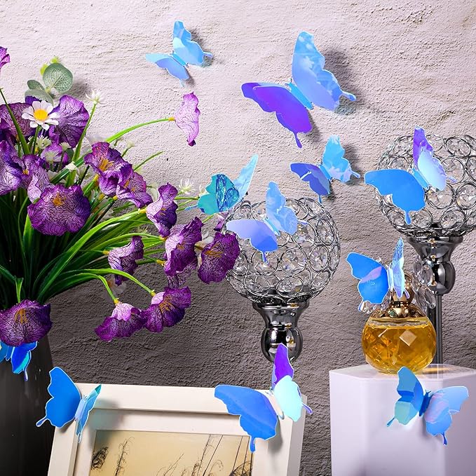 BBTO 48 Pieces Butterfly Wall Decor DIY Mirror 3D Butterfly Stickers Removable Decals for Home Bedroom School Bathroom Living Room Decor(Blue)
