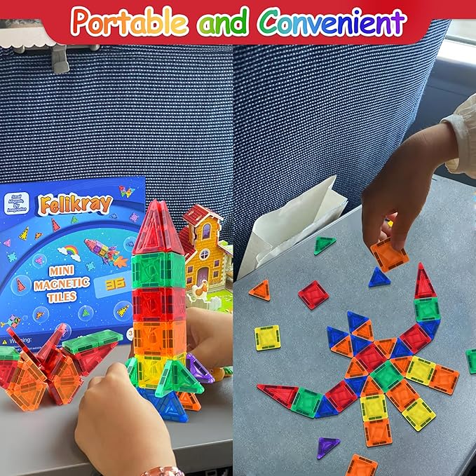 Mini Magnetic Tiles 36pcs, Travel Kids Toys STEM Magnet Toy for Toddler Magnetic Blocks Building Preschool Learning Sensory Montessori Toy for 3+ Year Old Boys and Girls