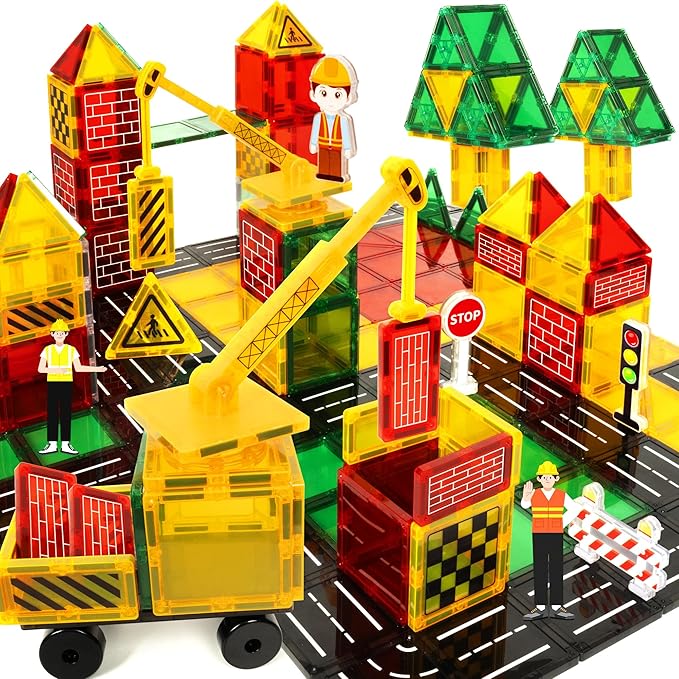 cossy Magnetic Tiles Road Set, Magnet Tiles with Mobile Crane, Magnetic Tiles for Kids Ages 4-8, STEM Toys, Magnet Blocks for Boys and Girls, Creative Building Toys, Engineering
