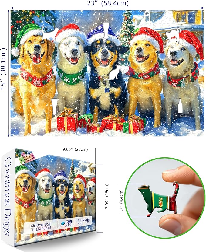 Christmas Dogs Puzzles for Adults 500 Pieces Winter Holiday Scene with Golden Retrievers Fun Animal Jigsaw Puzzles with Letters On Back Family Challenging Festive Puzzles Game for Seniors Adults