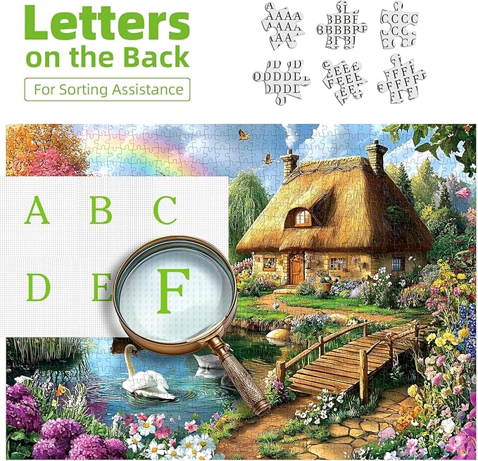 Cottage Lake Scene 1000 Piece Jigsaw Puzzle for Adults Swan Rainbow Flowers House Garden Landscape Challenging Family Puzzle Perfect for Game Nights (27.5"X19.6")