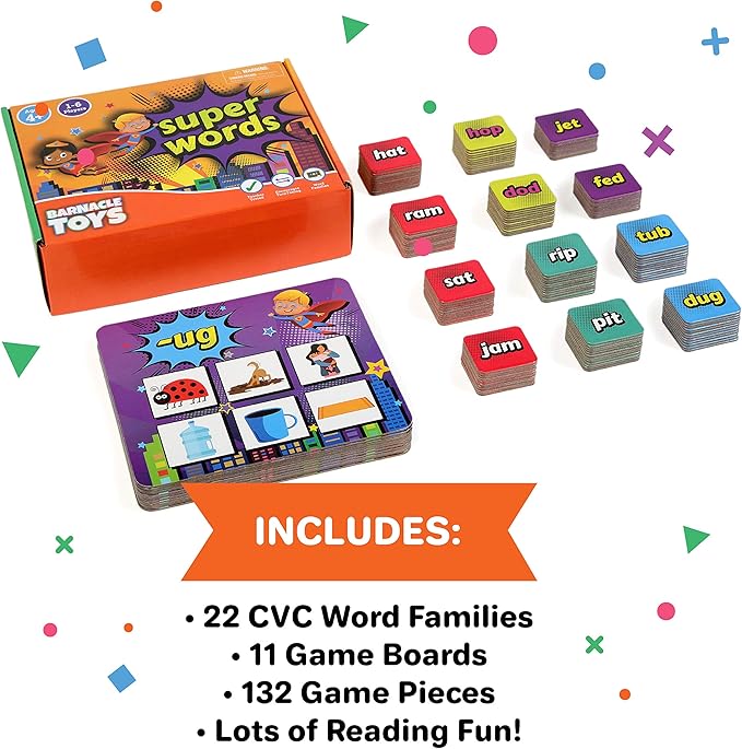 Super Words - CVC Word Builders, Phonics Games, Rhyming Words Game for Kids, Kindergarten Learning Games, Match it Puzzles for Toddlers, Learn to Read Game, CVC Words for Kindergarten Activities