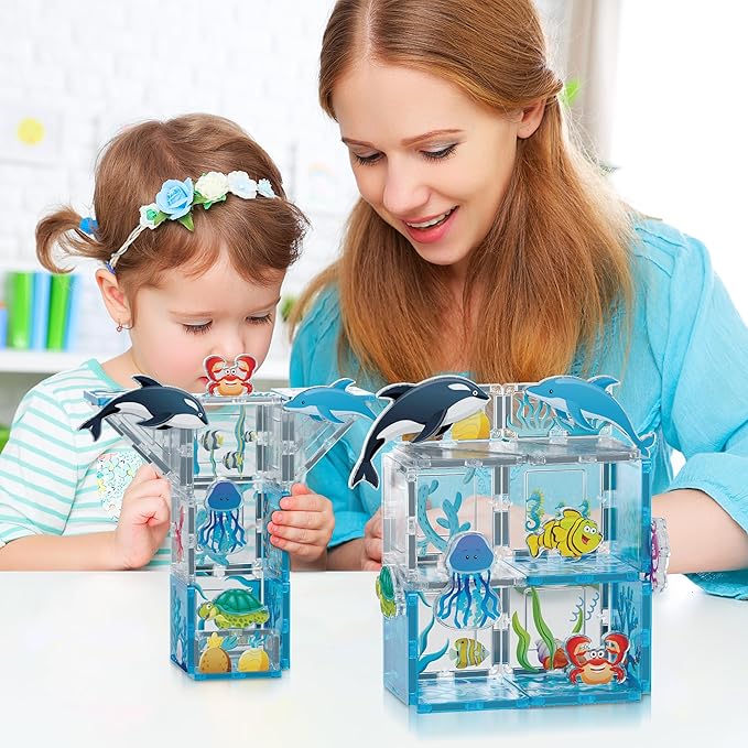 PicassoTiles 26pcs Magnetic Tiles Magnet Tile Building Blocks Marine Animal World Themed Set with 8 Ocean Character Action Figures STEM Learning Toy Construction Toddlers Boys Girls Ages 3+ PTQ25