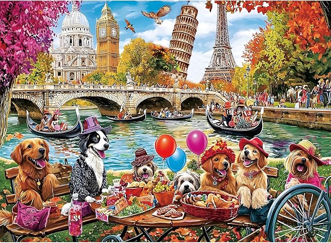 Puzzles for Adults 500 Pieces - Fun Picnic Pups Around The World Puzzle, Dog Gone Days Jigsaw Puzzle, Camping Animal Puzzles for Teens 12-16, Impossible Puzzle Perfect for Game Nights 20.5X 15 in