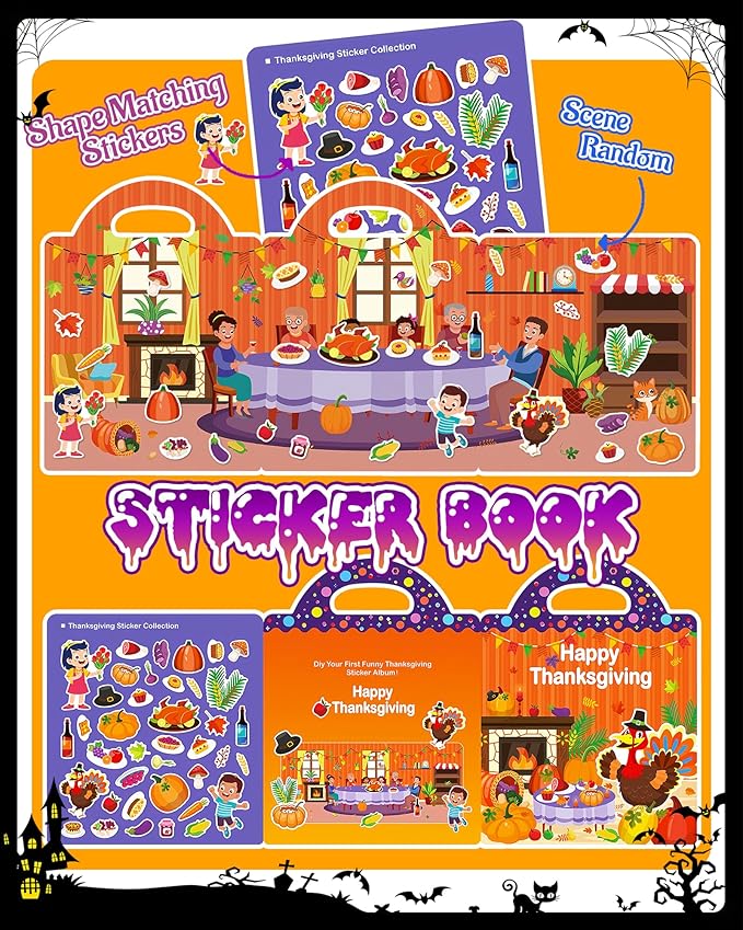 Thanksgiving Sticker Books for Kids, Thanksgiving Gifts Reusable Sticker Books for Toddlers 1-3, 2-4, Thanksgiving Travel Toys Acticities Crafts Birthday Gifts for Boys Girls Kids
