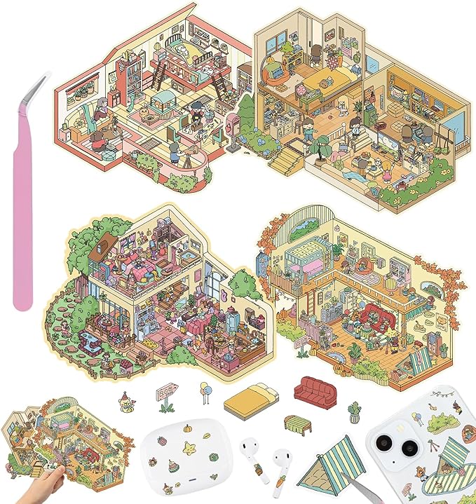 DIY 3D House Stickers, 4 Sets Fun DIY Stickers Scene Make Your Own Mini House Cute Cartoon Animal Scene Stickers for Kids Adult Sticker Art Relief Stress Pass The Time- Large Size