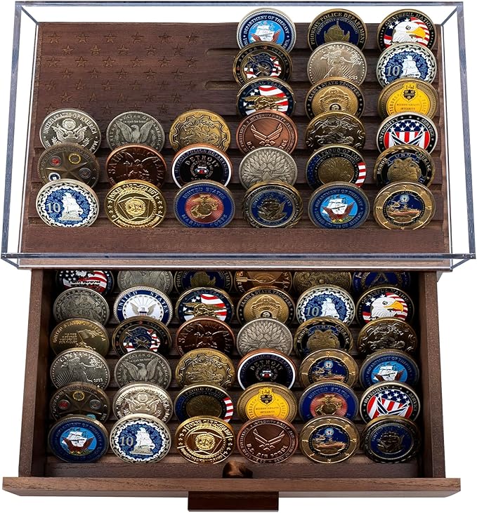 Military Challenge Coins Display Holder with American Flag and Clear Cover - Solid Wood Challenge Coin Stand with Drawer, Challenge Coin Display Case for Collector, Military Coin Holder Rack for Desk