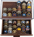 Military Challenge Coins Display Holder with American Flag and Clear Cover - Solid Wood Challenge Coin Stand with Drawer, Challenge Coin Display Case for Collector, Military Coin Holder Rack for Desk