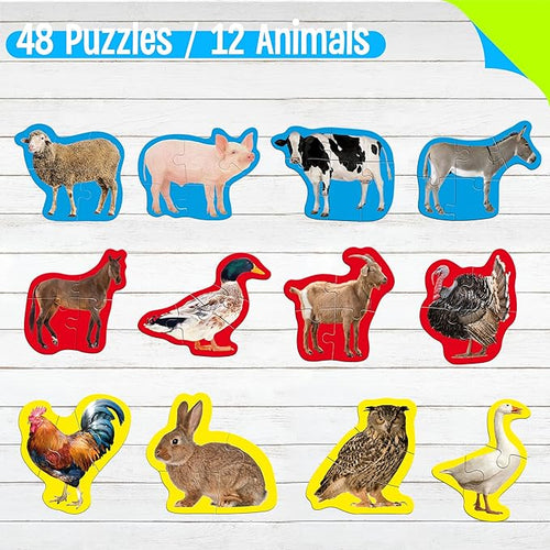 12 Pack Realistic Animal Puzzles, 48 Pieces Step-by-Step Animal Jigsaws, Farm Animal Jigsaw Puzzles with Back Footprint Guide Early Learning for Beginner Preschool Toddlers 3+