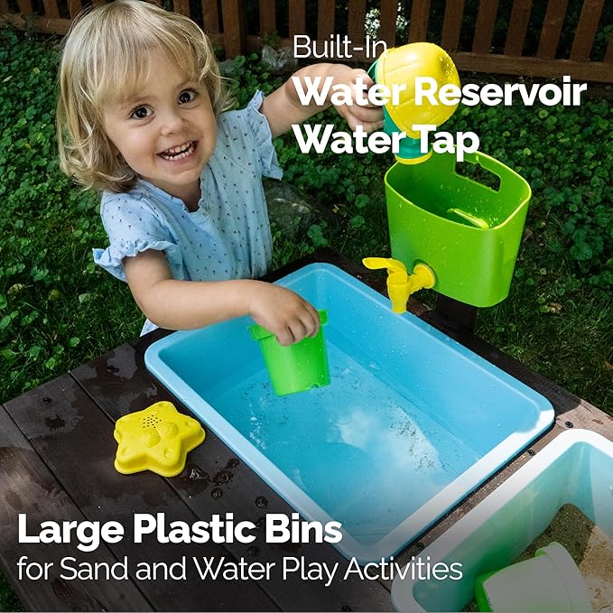 WONKAWOO Sand and Water Table for Toddlers | Outdoor Wooden Sensory Sand Table with 2 Plastic Bins, Built-in Water Tap and Beach Toys Included | Sand & Splash Oasis™ Standing Play Activity Table