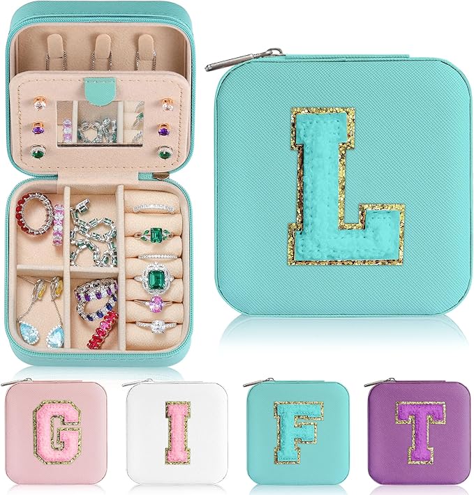 Parima Travel Jewelry Case for Girls Fashion, L Initial Blue Mini Box Airport Accessories Must Haves Gifts Girls, Aqua Blue