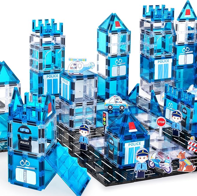 cossy Magnetic Tiles Police Set, Magnet Tiles with Policeman, Magnetic Tiles for Kids Ages 4-8, STEM Toys, Magnet Blocks for Boys and Girls, Creative Building Toys, Police