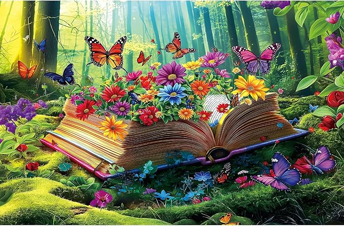 Vibrant Flowers Book 500 Piece Jigsaw Puzzle for Adults Magical Forest Scene Enchanted Garden & Butterflies Funny Colorful Challenging 500-Piece Puzzle for Family Game Night(23"x15")