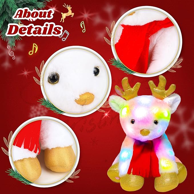 Cuteoy Light-up Singing Plush White Reindeer LED Musical Stuffed Animal Elf Adjustable Volume Lullaby Plushies Birthday Christmas Toy Gifts for Kids Toddler Girls, 13"
