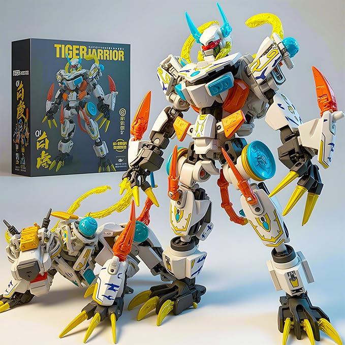 Mech Building Blocks Action Figure Toys, 2in1 White Tiger Transforming Robot Building Set, Converts to Tiger Model, for Adults Kids Boys Ages 8+,455 Pieces