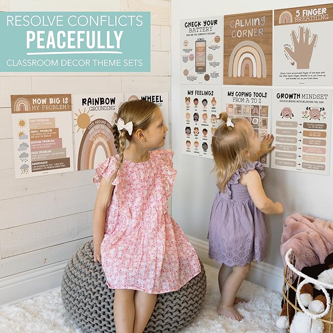 Hadley Designs 9 Calming Corner Posters For Classroom Must Haves For Teachers - 11x14 Calm Down Corner Supplies, Feelings Chart For Kids Ages 4-8, Feelings Wheel Poster, Boho Classroom Decor