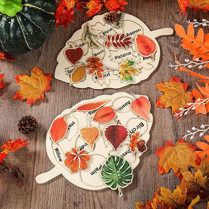 Kathfly 2 Pieces Leaf Wooden Jigsaw Puzzles Leaf Puzzle Montessori Toy Early Educational Learning for Birthday Gift Early Education School(Classic)
