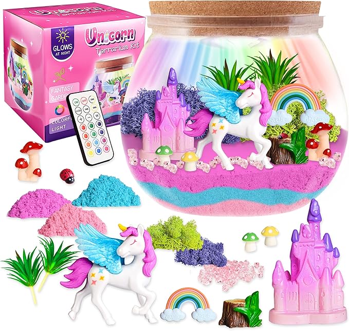 Unicorn Terrarium Kit for Girls - LED Light-Up DIY Arts and Crafts Night Light Gift for Kids Ages 4-12Night Light Birthday Gift DIY Arts and Crafts Kit for Kids