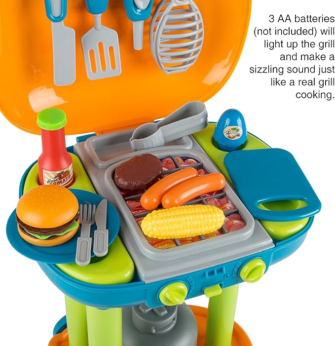 BBQ Grill Toy Set - Interactive Play Kitchen Set with Lights and Sounds, Wheels, Toy Food, and Cooking Accessories by Hey! Play!, Multicolor, (80-PP-TK081711)