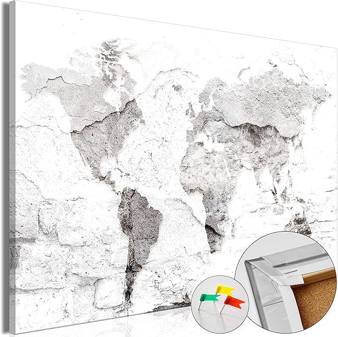 artgeist Pinboard World Map 35x24 in - Cork Board & Canvas Print Wall Art 1 pcs Memoboard with 50 Pins Noticeboard Message Board Image Picture Home Decor Travel Map k-C-10014-p-a