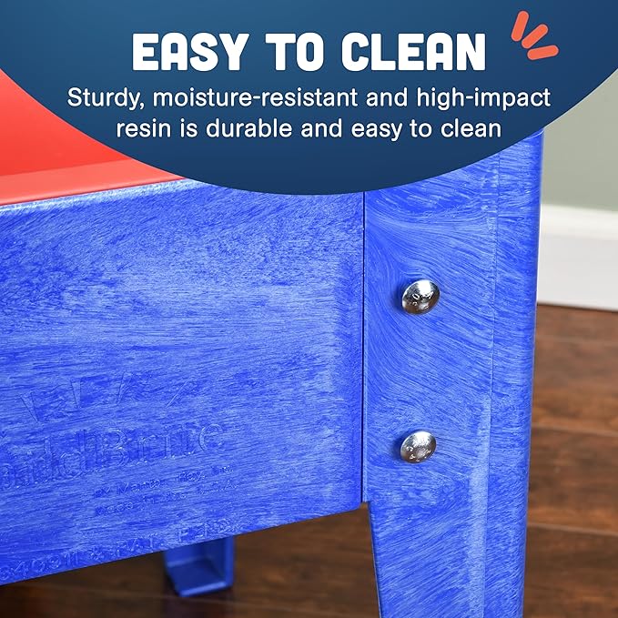 Constructive Playthings Indoor/Outdoor Sand and Water Activity Table for Kids Ages 1-3, Portable Classroom Play Table with Dry-Erase Top and 2 Side Trays, Blue/Red