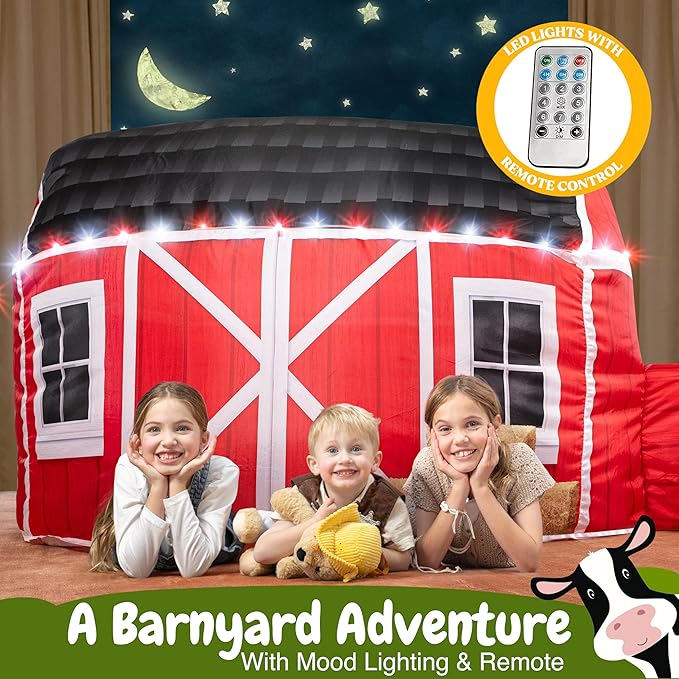 W&O Farmhouse Barn Aerodome with LED Lights & Farm Sound Button – Inflatable Farm Play Tent – Kids Play Tent Indoor – Sets Up in Seconds for Ages 3-12 (Fan Not Included)