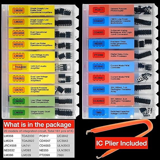 EEEEE IC kit 161 pcs, 20 Models Chip Assortment Set Analog Integrated Circuits Electronics Parts Opamp Pack, 555 Timer Components, Op Amp, Oscillator, Pwm, IC Plier Included UA741 LM358 and More..