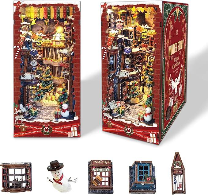 Christamas Book Nooks DIY Dollhouse Kit for Adults Bookshelf Decor with LED Lights 3D Wooden Puzzle Model Booknooks Kits Gifts for Family,Friends (Snowy Night)