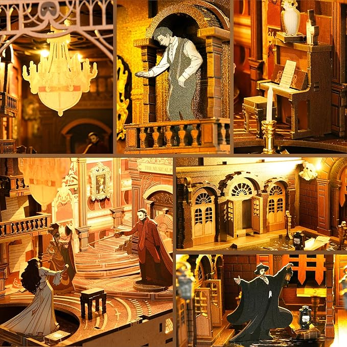 DIY Book Nook Kit, Miniature Dollhouse Booknook Kit, 3D Wooden Puzzle Bookend Bookshelf Insert Decor with LED Light for Teens and Adults (Phantom of The Opera)