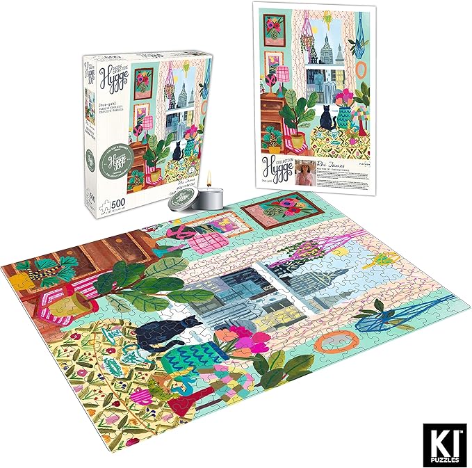 500 Piece Puzzle for Adults Hygge Collection Cat in Window Rhi James Blueboard Jigsaw and Candle by KI Puzzles