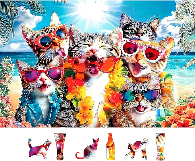 500 Piece Funny Cat Jigsaw Puzzle for Adults - 23x15 Inch Beach Party with Sunglasses & Leis, Unique Fun Puzzles for Home Decor & Gift