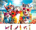 500 Piece Funny Cat Jigsaw Puzzle for Adults - 23x15 Inch Beach Party with Sunglasses & Leis, Unique Fun Puzzles for Home Decor & Gift