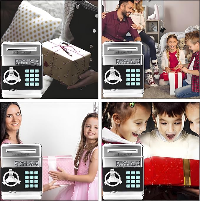 Piggy Bank Electronic Mini ATM for Kids Toy, Safe Money Saving Box Coin Banks Password Code Lock for 3-14 Years Old Kids, Boys Girls Ideal Gift (Silver)