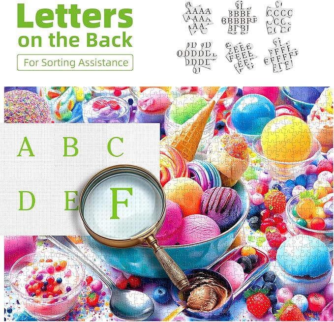 Ice Cream Sweets 1000 Piece Jigsaw Puzzle for Adults Vibrant Summer Dessert Adult Jigsaw Puzzles Cool Unique Letters on Back Fun Family Challenging Puzzle Gifts for Adults Senior (27.6"x19.7")