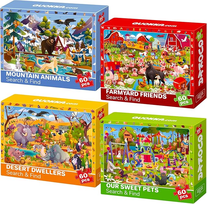 QUOKKA Puzzles for Kids Ages 4-6 - Toddler Puzzles Ages 3-5 - 4-Pack 60 Piece Search and Find Animals Jigsaw Puzzle 6-8 - Learning Toys for 3 Year Old Boys and Girls - Educational Games Gift