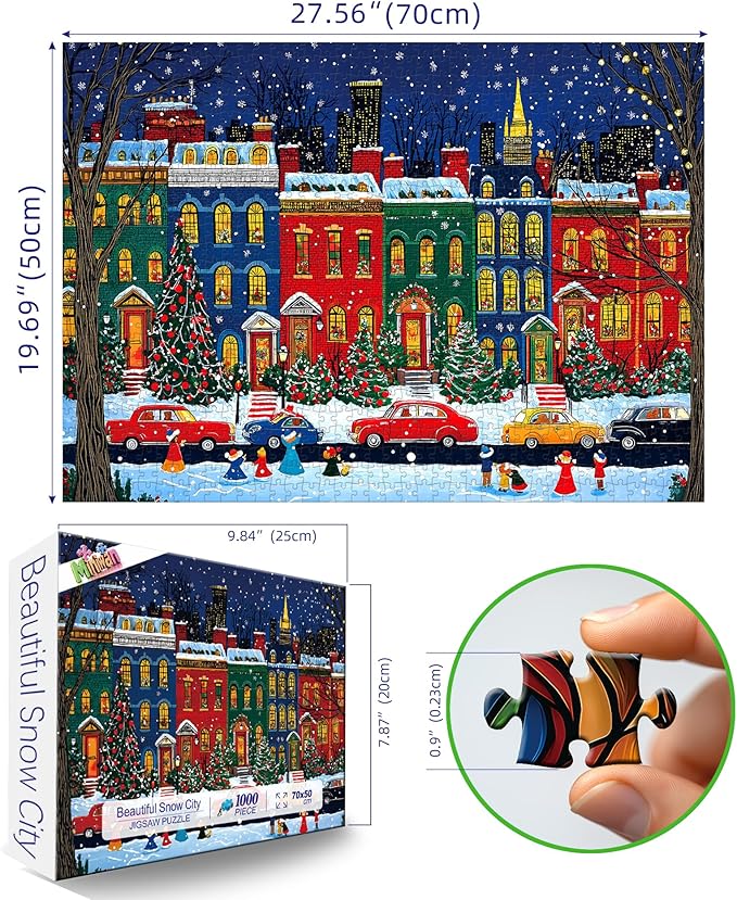 Vintage Winter Christmas City Jigsaw Puzzle 1000 Pieces for Adults with Back Letters - Snowy Nightscape with Santa Claus Trees Cars Family Challenge Gift Game Night Size (27.6x19.7) Inch